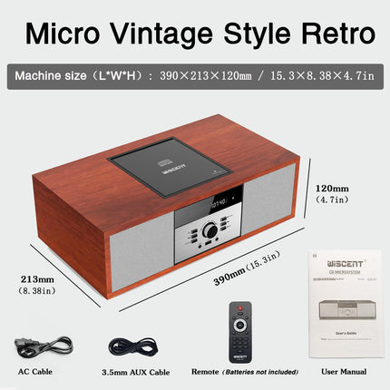 Kompaktsed süsteemid Nostalgiline Bluetooth-stereosüsteem koju, WISCENT Vintage Micro HiFi Systems CD-mängija Bluetooth-heli voogedastusega, FM-raadio, USB-port, Aux-sisend, muusikakeskus