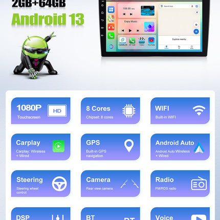 2G+64G 8-tuumaline CAMECHO Android 13 autoraadio Hyundai i10 (2007-2013) jaoks koos navigatsiooni, Carplay, Android Auto, 9-tollise ekraaniga kahe DIN-ga autoraadio Bluetoothi, RDS 32EQ DSP, Mirror Linkiga