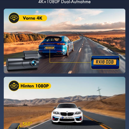 GKU autokaamera ees/taga 4K+1080P, 5 GHz WiFi autokaamera 64 GB SD-kaardiga, parkimismonitoriga, öönägemisega, WDR-iga, 170° lainurk, G-andur, tsükkelsalvestus, rakenduse juhtimine, max 256 GB