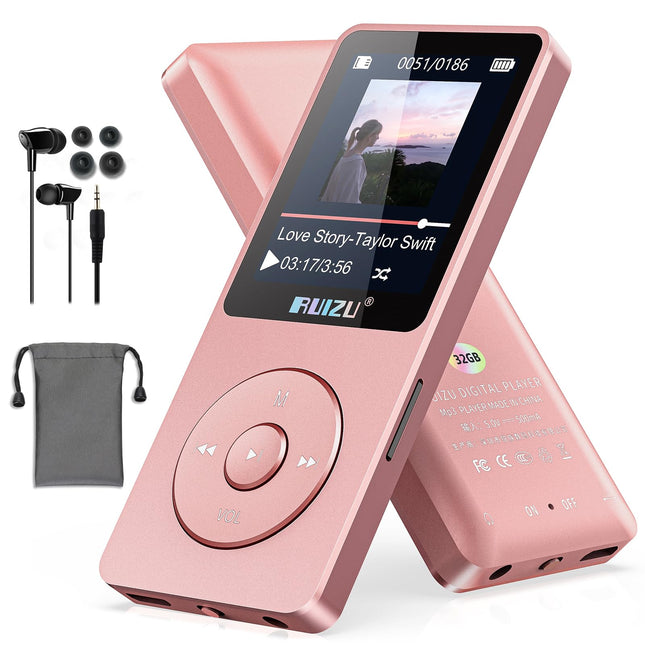 RUIZU 32GB MP3-mängija Bluetooth 5.3-ga, 1,8-tollise ekraaniga kaasaskantav muusikapleier, FM-raadio, hääle salvestamine, e-raamatute esitamine, juhuslik esitus ühe silmusega, 80H digitaalse audio-video taasesitus, kerge, toetab 128GB TF-kaarti