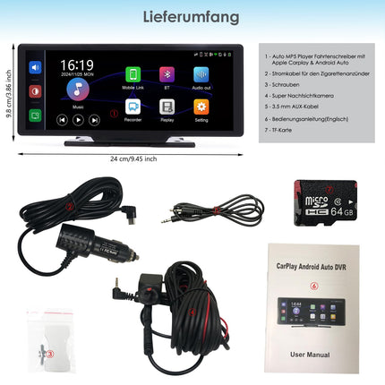 iFrego 4K Apple Carplay 10,26" Carplay esikaameraga Carplay Android Auto ekraan eksklusiivse kinnitusega Kaasaskantav kahe Bluetoothiga Siri Google'i navigatsiooniga Tagurduskaamera Digitaalne meediavastuvõtja