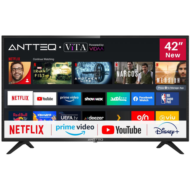 Antteq AV42F3 42-tolline (106 cm) nutiteler Netflixi, Prime Video, Rakuten TV, DAZNi, YouTube'i jne tugi, WiFi, kolmekordne tuuner DVB-T2/S2/C