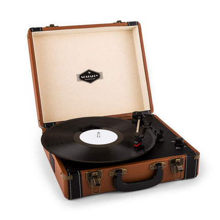 auna Jerry Lee Retro Record Player - Record player with stereo speakers, vinyl player with USB, belt drive in 3 stages, 33, 45, 78 rpm, 3 record sizes, without Bluetooth, brown