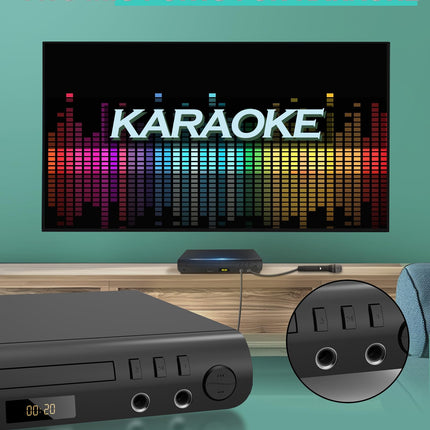 HDMI DVD-mängija telerile, kõikide piirkondade tasuta DVD-mängija karaokeportide ja USB-sisendiga, PAL/NTSC-ühilduvus, kodune CD-mängija HDMI- ja RCA/AV-kaablitega