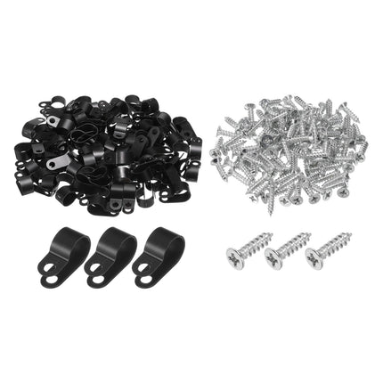 QUARKZMAN R-Type Cable Clip Wire Clamp, 13.2 mm 0.52 inch Nylon Screw Fastening Cable Tie Clips with Screws Black for Cable Management Pack of 200