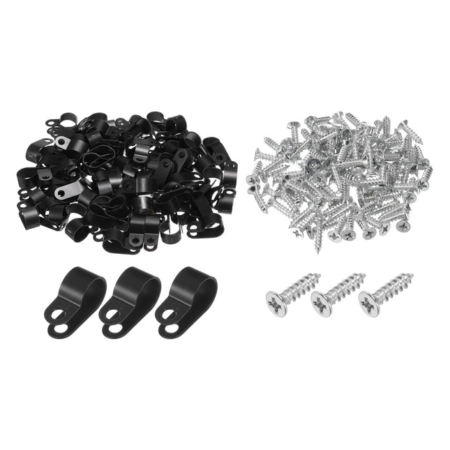 QUARKZMAN R-Type Cable Clip Wire Clamp, 13.2 mm 0.52 inch Nylon Screw Fastening Cable Tie Clips with Screws Black for Cable Management Pack of 200