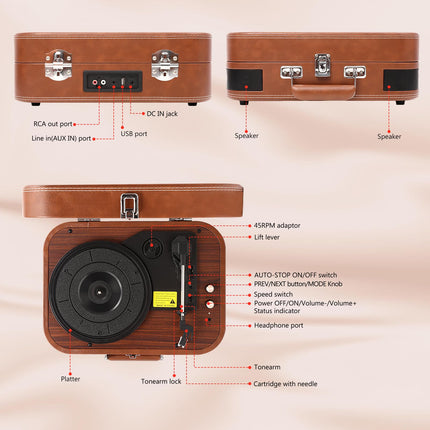 Record player case with speaker &amp; Bluetooth 5.4 | 3 speeds (33/45/78 rpm) • Portable record player • Vinyl-to-MP3 converter • Retro design brown