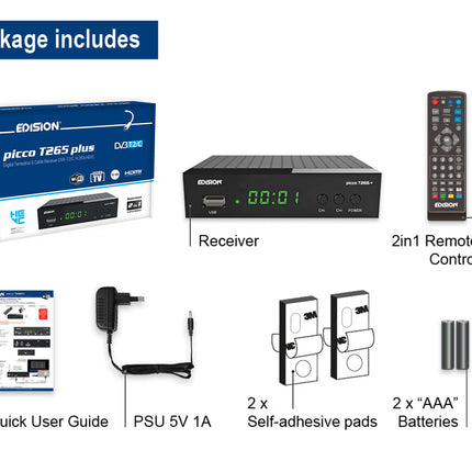 EDISION Picco T265 Plus maapealne DVB-T2 ja kaabelvastuvõtja DVB-C H.265 HEVC FTA Full HD PVR, USB, HDMI, SCART, S/PDIF, IR, USB WiFi tugi, universaalne 2-ühes kaugjuhtimispult