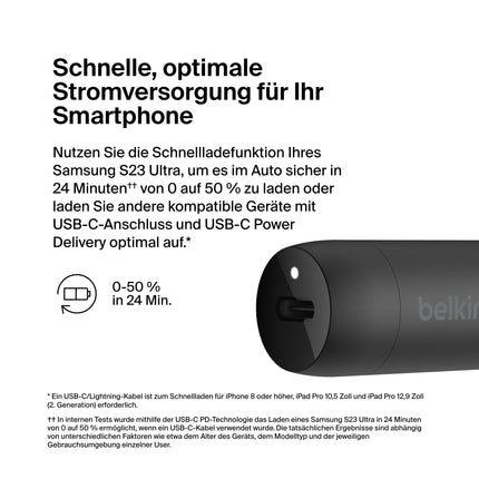 Belkin BoostCharge 30W Fast Car Charger, Compact Model with USB-C Power Delivery Port, Includes USB-C/USB-C Cable, Compatible with iPhone 16, Galaxy S24, iPad, Pixel, and More