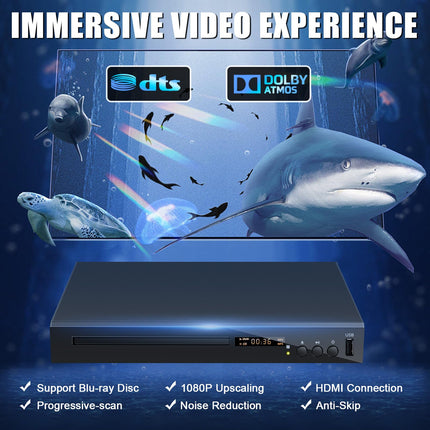 HD Blu-ray mängija, kompaktne Blu-ray plaadimängija HD 1080P DVD-mängija telerile HDMI-väljundi, AV-väljundi, koaksiaalväljundi ja USB-sisendiga, esitab B/2 regiooni Blu-ray plaate ja mitme regiooniga DVD-plaate