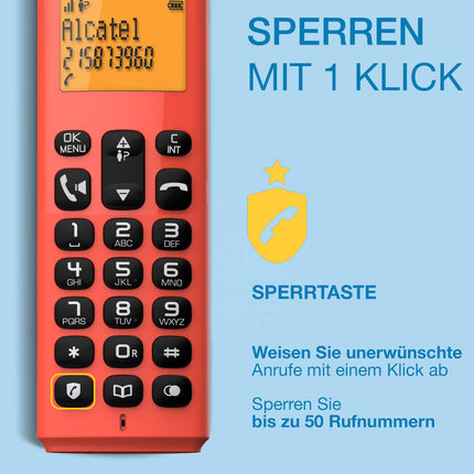 ALCATEL E260 - Juhtmeta DECT-telefon - Kompaktne disain - Suur taustvalgustusega ekraan - Käed-vabad funktsioon - Kõnede blokeerimise funktsioon - Punane
