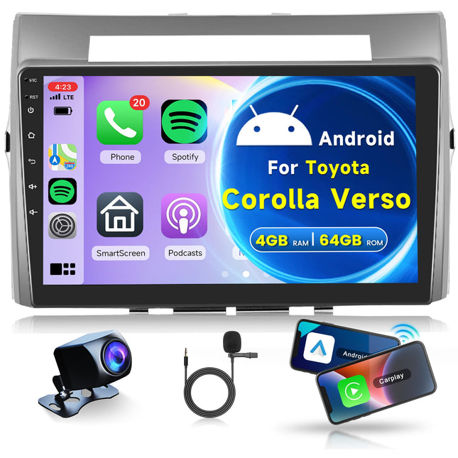 4G+64G Wireless Carplay Android 13 Car Radio 2 Din for Toyota Corolla Verso 2004-2009 with Wireless Android Auto Navi GPS WiFi 9 inch Car Radio with Mirror Link Bluetooth FM/RDS 32EQ SWC Rear View Camera