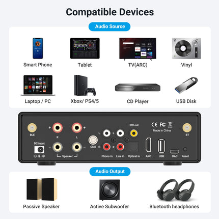 Arylic B50 võimendi Bluetoothiga, stereovõimendi, 2-kanaliga 50W*2 kodukino võimendi, HDMI, ARC, OPT, DAC ja Phono sisendiga. Toetab aptX kõrglahutusega muusika edastamist ja vastuvõtmist.