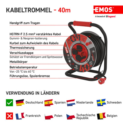 EMOS - 40m lehtterasest kaablirull - 4 Schuko pistikupesa - veekindel, löögikindel, õli- ja ilmastikukindel - 230 V, 16 A, 3680 W - kummist isolatsioon - H07RN-F 2,5 mm² - IP44 välistingimustes kasutamiseks