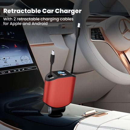 PLDHPRO 4 in 1 80W Car Charger, Retractable USB-C iOS Cable, Cigarette Lighter Fast Car Charger for iPhone 16/15/14/13 Samsung Galaxy s24/23/22/a55/ultra/pixel/iPad-Red