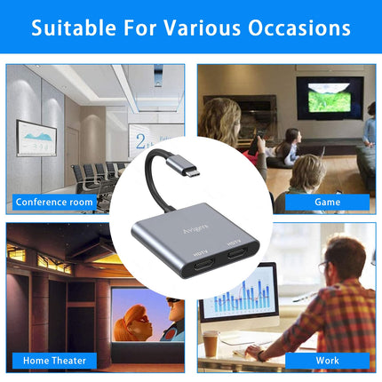 Avigers HDMI jaotur 1 sisend 2 väljundit, USB C - HDMI adapter 2 monitori pikendamiseks, HDMI lüliti 2 HDMI-pordiga sülearvutite ja tahvelarvutite jms jaoks. (üks väljund 4K@60Hz ja kahekordne väljund 4K@30Hz)