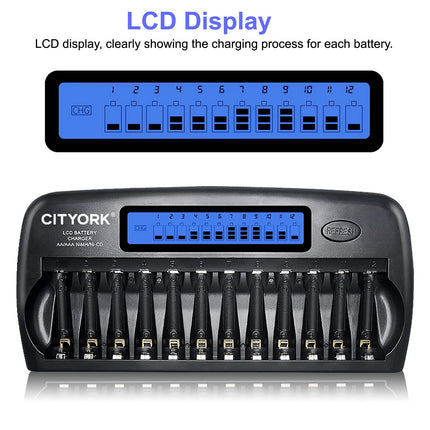 CITYORK AA AAA Battery Charger 12 Slots, LCD Battery Charger for AA/AAA NI-MH NI-CD Rechargeable Batteries with Discharge as well as integrated IC Protection and Power Supply