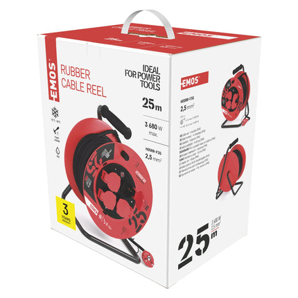 EMOS - Kaablirull 25m - 4 Schuko pistikupesa - veekindel, löögikindel, kuuma- ja külmakindel - 230V, 16A, 3680W - kummist isolatsioon - H05RR-F3G 2.5 mm² - IP44 välistingimustes kasutamiseks