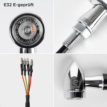 evermotor kroomitud 3-ühes mootorratta suunatuled, 2 tk, E-heakskiiduga E32, CNC protsess, 12V, elektrimootorratta ja tõukeratta jaoks, universaalne mini-LED-kuulvalgustusega alumiiniumkest, merevaigukollane ja punane
