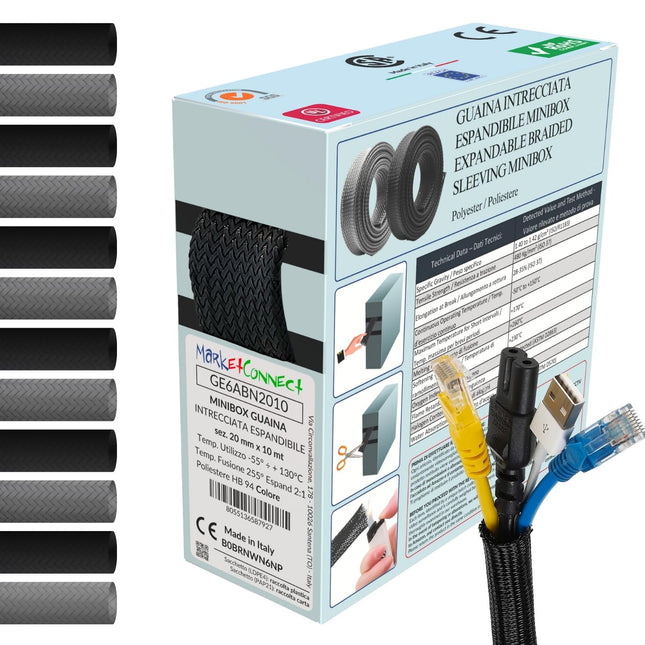 MarketConnect® Expandable cable conduit Ø 20mm, L 10m • Ideal for cable management • Perfect for desk and TV • BLACK • Minibox