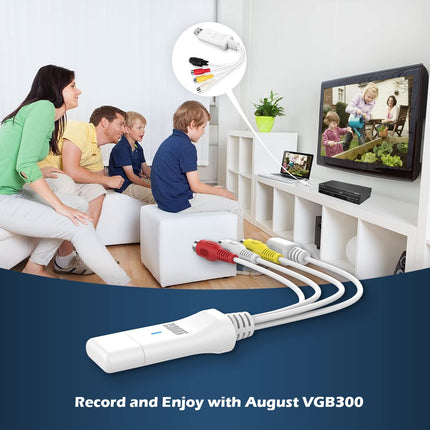 USB-videograbber - [2025. aasta mudel] August VGB300 - audio-video muundur VHS- ja Hi8-kassettide digiteerimiseks - Plug&amp;Play-video salvestusadapter Windowsi ja macOS-i jaoks