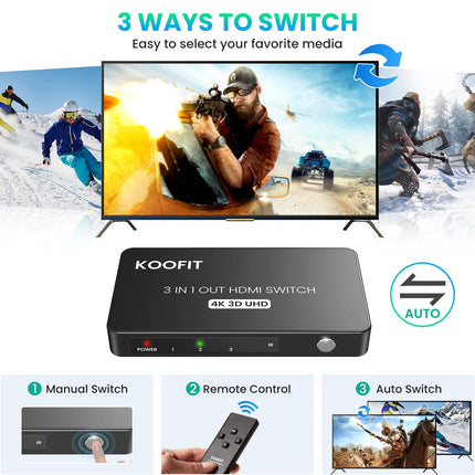 HDMI-lüliti automaatne, HDMI-lüliti 4k jaotur 3 sisse ja 1 välja, lüliti kaugjuhtimispuldiga, jaotur toetab UHD 4K 3D HDR HDCP1.4 TV Stick Xbox PS4 Blu-Ray DVD jaoks