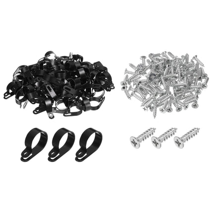 QUARKZMAN R-Type Cable Clip Wire Clamp, 30mm 1.18 inch Nylon Screw Mount Cable Tie Clips with Screws Black for Cable Management Pack of 100