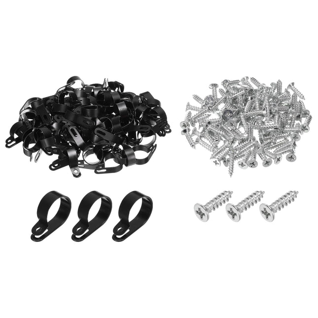 QUARKZMAN R-Type Cable Clip Wire Clamp, 30mm 1.18 inch Nylon Screw Mount Cable Tie Clips with Screws Black for Cable Management Pack of 100