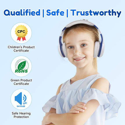 EarFun Bluetooth kõrvaklapid lastele, 85/94dB helitugevuse reguleerimine, HiFi heli, HD mikrofon, 40 tundi aku tööiga, kokkupandavad, reguleeritavad, juhtmevabad Bluetooth kõrvaklapid lastele kooli/reisimiseks/arvuti jaoks, valged