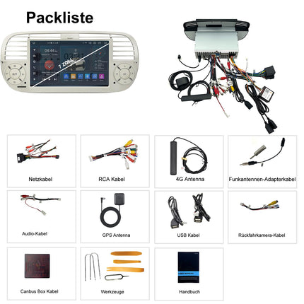 [Cream 4+64GB] Autoraadio FIAT 500 2007-2015 mudelile, 7-tolline puutetundlik ekraan, Android 14 raadio tugi, juhtmevaba Carplay/Android Auto, GPS navigatsioon, WiFi, 4G, Bluetooth, 5.0, FM RDS, DSP, SWC, DAB+, OBD, USB