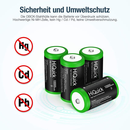 HiQuick 4 x Mono D battery, NI-MH rechargeable D battery, high capacity 10000mAh, 1200 charging cycles, 1.2V type D battery