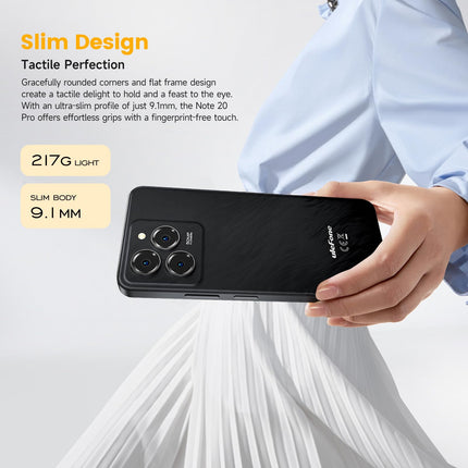 Ulefone Note 20 Pro mobiiltelefon Android 14 256GB + 8GB / 1TB SD 50MP + 8MP kaamera Octa Core 6000mAh 18W 6.75" HD+ 90Hz 4G kahe SIM-kaardiga nutitelefon lukustamata sõrmejäljelugeja näotuvastus GPS OTG 2-aastane garantii - must
