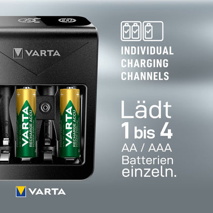 VARTA akulaadija, sh 4x AA 2100mAh, akulaadija laetavatele AA/AAA/9V ja USB-seadmetele, LCD-pistikuga laadija+, ühe pesaga laadimine, must