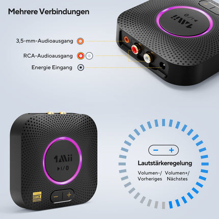 1Mii B06S+ Bluetooth 5.2 vastuvõtja, HiFi audioadapter LDAC-iga, helitugevuse regulaatoriga, aptX HD ja madala latentsusega traadita vastuvõtja stereokõlaritele, 3,5 mm/RCA väljunditega