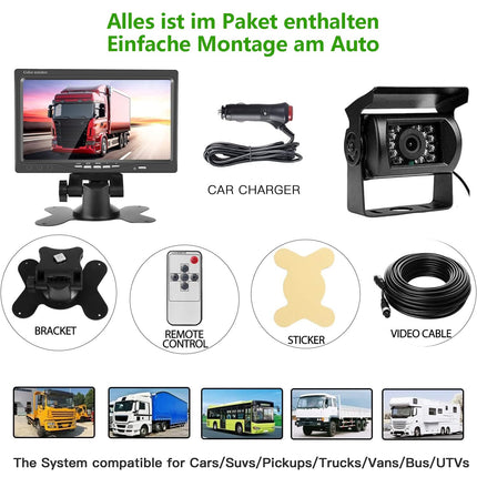 Tahavaatekaamera komplekt 7-tollise tahavaatemonitoriga, IP68 veekindel öise nägemisega auto tagurduskaamera, kaabliga stabiilne signaaliga tagurduskaamera 12V - 24V koos 15m kaabliga matkaautodele, kaubikutele, veoautodele, bussidele ja haagistele.