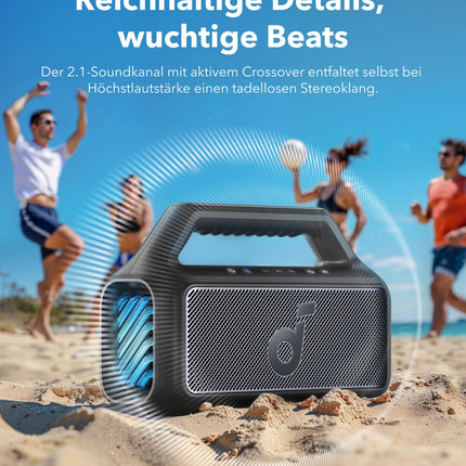 Soundcore by Anker, Boom 2 Outdoor Speaker, 80W, Subwoofer, BassUp 2.0, 24h Battery, IPX7 Waterproof &amp; Floats, LED Light, USB-C, EQ, BT 5.3, Portable Bluetooth Speaker, Camping, Beach, Garden