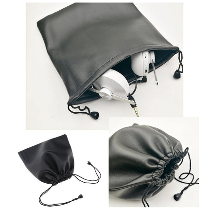 SG Store Headphone Storage Bag, Headset Drawstring PU Leather Earphone Carrying Case, Waterproof Lightweight, 22 x 20 cm, Black, 2 Pack