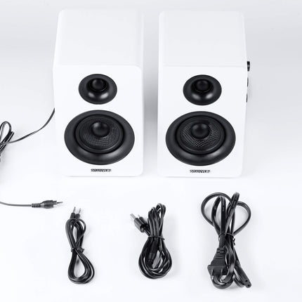Sanyun SW208 3" aktiivsed Bluetooth 5.0 riiulikõlarid - 60W süsinikkiust kõlariüksus - sisseehitatud 24-bitine DAC - dünaamiline 3D ruumiline heli - 2.0 arvutimonitor (paar, valge)
