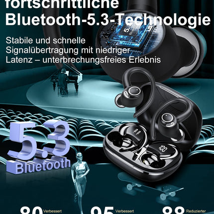 Bluetooth-kõrvaklapid spordile, kõrvasisesed kõrvaklapid, juhtmevabad Bluetooth 5.3 HD-mikrofoniga, suurepärane heli, 48 tundi mänguaega, kahekordne LED-ekraan, mugav sobivus, IP7 veekindlad spordikõrvaklapid kõrvakonksuga