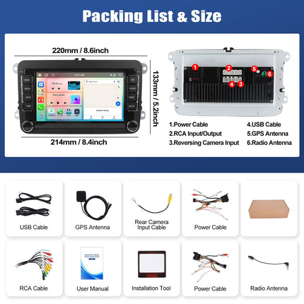 [8-tuumaline] CAMECHO 4+64G Android 13 Carplay/Android Auto/DSP autoraadio VW Golf 5 6 Touran Polo jaoks, 7-tolline puutetundlik ekraan, Bluetooth 5.0 koos WiFi, GPS DSP, FM RDS raadio, Mirror Link+32 riba ekvalaiser