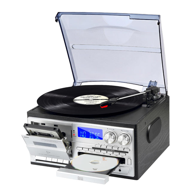 JORLAI vintage plaadimängija, 3 kiirusega plaadimängija puldiga, vinüül, Bluetooth, sisseehitatud kõlarid, CD/kassett, AM/FM raadio, USB/SD/MMC 3,5 mm Aux-sisend/RCA-väljund, must