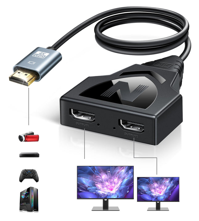 NEWCARE HDMI jaotur 1 sisend 2 väljundit, 4K HDMI jaotur 2 monitori samaaegseks ühendamiseks, HDMI jaotur 1 sisend 2 väljundit, ainult peegel (mitte pikendatav), 1-2-suunaline HDMI jaotur Fire Stickile, Roku