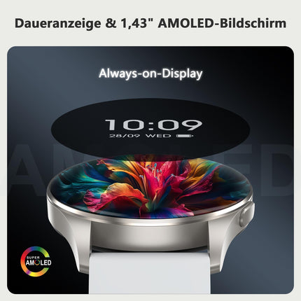 Blackview Smartwatch Men Women, 1.43'' AMOLED Screen, Virtual Always-On Clock, Fitness Watch with Phone Function, Make/Receive Calls, Sports Watch, Pedometer, Heart Rate Sleep Monitor, for Android iOS