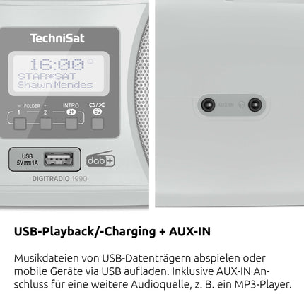 TechniSat DIGITRADIO 1990 - Stereo Boombox with DAB+/FM Radio and CD Player (Bluetooth Audio Streaming, Headphone Jack, USB, AUX In, Charging Function, Clock, 2 x 1.5 Watt Output Power) Silver
