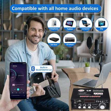 Etlephe Mini Amplifier, HIFI Amplifier, Bluetooth 5.0 Stereo Audio, 12 V 220 V 600 W, 2 Channels, LCD Display, High Fidelity, Portable FM Radio, SD/USB Card Input, for Home or Car