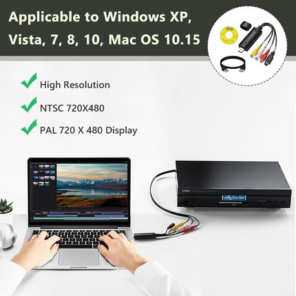 Audio Video Grabber USB 2.0, USB video salvestuskaart, audio-video muundur, mis toetab VHS-i, Hi8-d, DVD-d, videomaki digitaalseks muutmist, audio-video muundur arvutile, telerile, Macile, ühildub Windows 11/10/8/7 ja Maciga