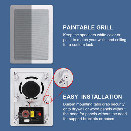Herdio 5.25-inch Bluetooth In-Wall Speakers, Flush Mount Sound Compatible, Perfect for Indoor and Outdoor Use, Bedroom, Living Room, Home Theater (2 Pairs, Paintable Grille)