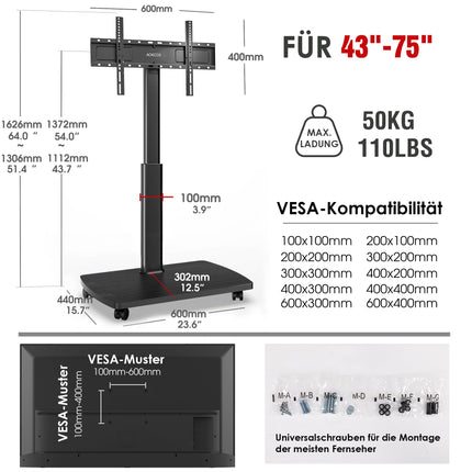 AOKCOS teleri põrandaalus rataste ja puidust riiuliga, ratastega telerialus 43–75-tollistele lame- ja kumeratele teleritele kuni 50 kg, kõrgusega reguleeritav pöörlev telerialus, max. VESA 600x400 mm