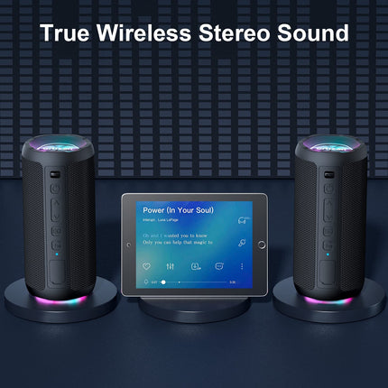 Ortizan Bluetooth Speaker with Light, Music Box Portable Bluetooth Box with IPX7 Waterproof, Dual Bass Drivers, 30h Battery, Hands-Free Function for Phone, Outdoors, Ambidextrous Black