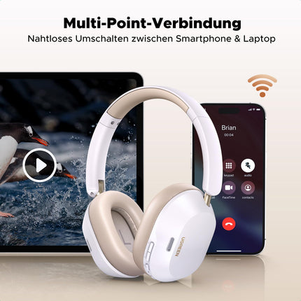 UGREEN HiTune Max5c Bluetooth-kõrvaklapid adaptiivse aktiivse mürasummutusega, kõrglahutusega heli, LDAC, 75-tunnine aku, Bluetooth 5.4, ruumiline heli, ekvalaiser rakenduses, topeltühendus (valge)
